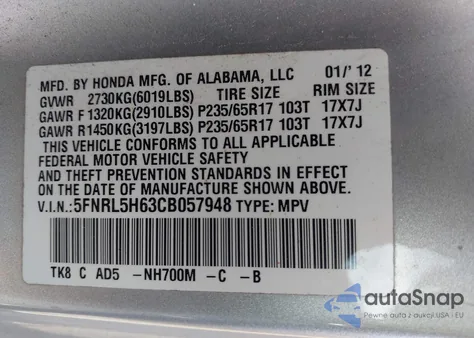 2012 Honda Odyssey Ex-L z USA, uszkodzony, nr VIN 5FNRL5H63CB057948